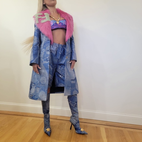 Rare Runway Fendace Medusa head Zucca monogram Denim Jacket faux fur attachment - Picture 3 of 16